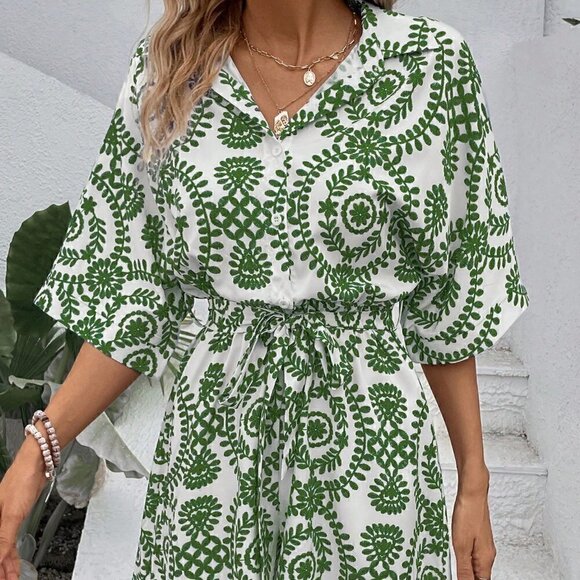 Green Boho Women's Summer Beach Floral Printed Shirt Jumpsuit Shorts - Picture 4 of 5